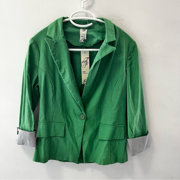 Green Blazer by Nana Fashion Striped Rolled Up Sleeves Faux Pockets Springwear - Picture 3 of 11